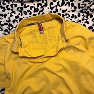 Vintage Y2K Yellow Graphic Polo | Retro Crest Tee | Preppy 2000s Style Shirt
